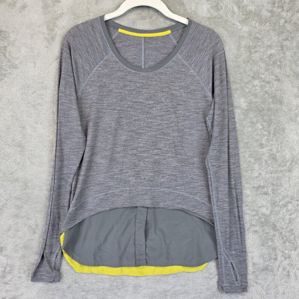 Lululemon Shirt Womens Medium Gray Yellow Long Sleeve Hi Low Layered Thumbholes